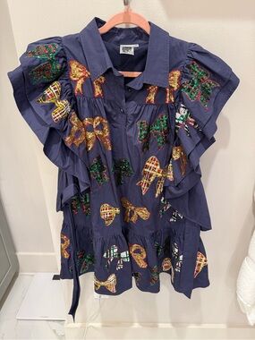 QUEEN OF SPARKLES Navy Dress with Gold, Green and Red Bow Embellishments